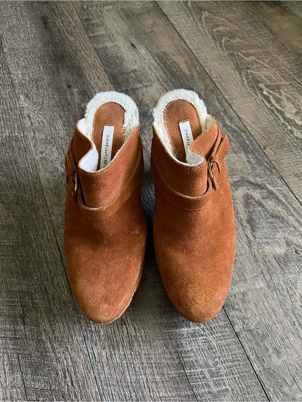 Diane Von Furstenberg Rust Suede Shearling Mules